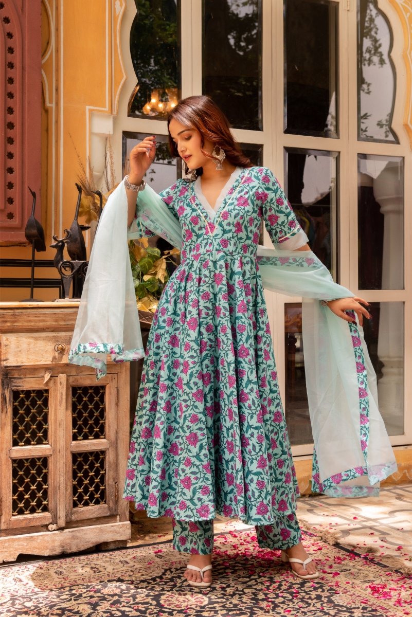 SUHNARI BLUE COTTON HAND BLOCK ANARKALI WITH ORGANZA DUPATTA - Pomcha Jaipur