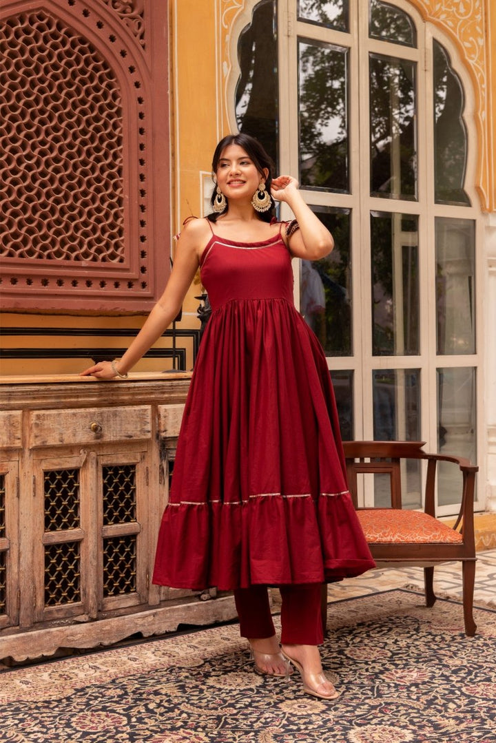 SUHNARI MAROON COTTON TIERED ANARKALI SET WITH COTTON GOTA PATTI DUPATTA - Pomcha Jaipur