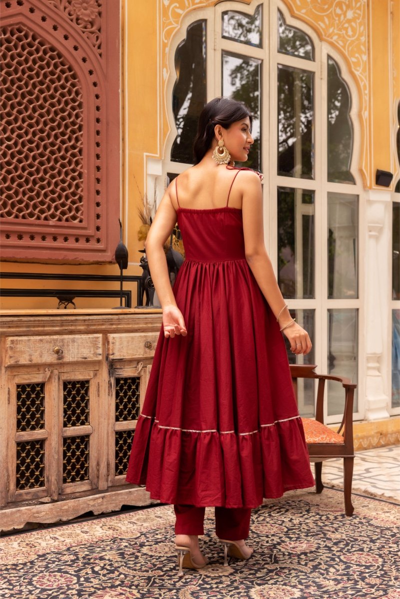 SUHNARI MAROON COTTON TIERED ANARKALI SET WITH COTTON GOTA PATTI DUPATTA - Pomcha Jaipur