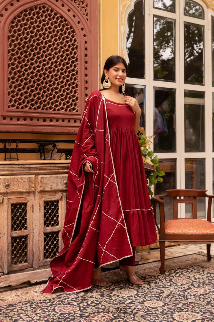 SUHNARI MAROON COTTON TIERED ANARKALI SET WITH COTTON GOTA PATTI DUPATTA - Pomcha Jaipur