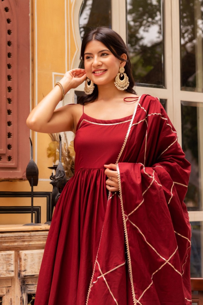SUHNARI MAROON COTTON TIERED ANARKALI SET WITH COTTON GOTA PATTI DUPATTA - Pomcha Jaipur