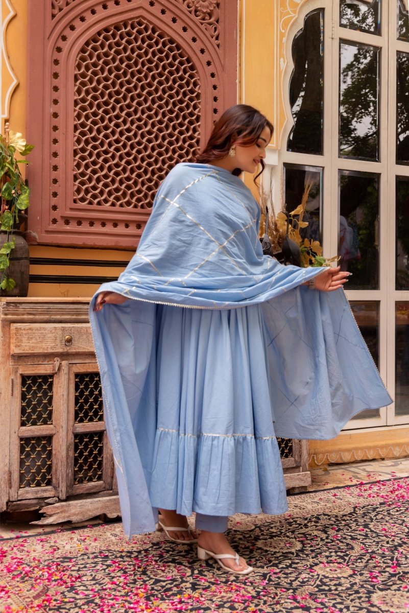 SUHNARI POWDER BLUE COTTON TIERED ANARKALI SET WITH COTTON GOTA PATTI DUPATTA - Pomcha Jaipur