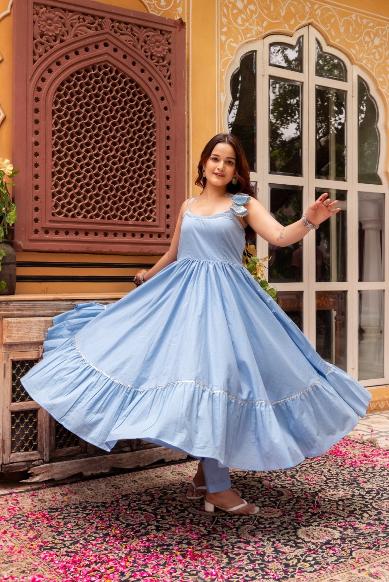 SUHNARI POWDER BLUE COTTON TIERED ANARKALI SET WITH COTTON GOTA PATTI DUPATTA - Pomcha Jaipur