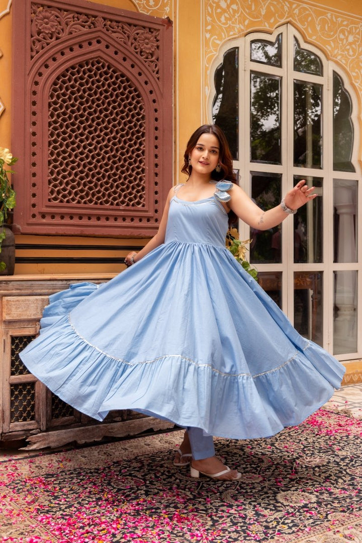 SUHNARI POWDER BLUE COTTON TIERED ANARKALI SET WITH COTTON GOTA PATTI DUPATTA - Pomcha Jaipur