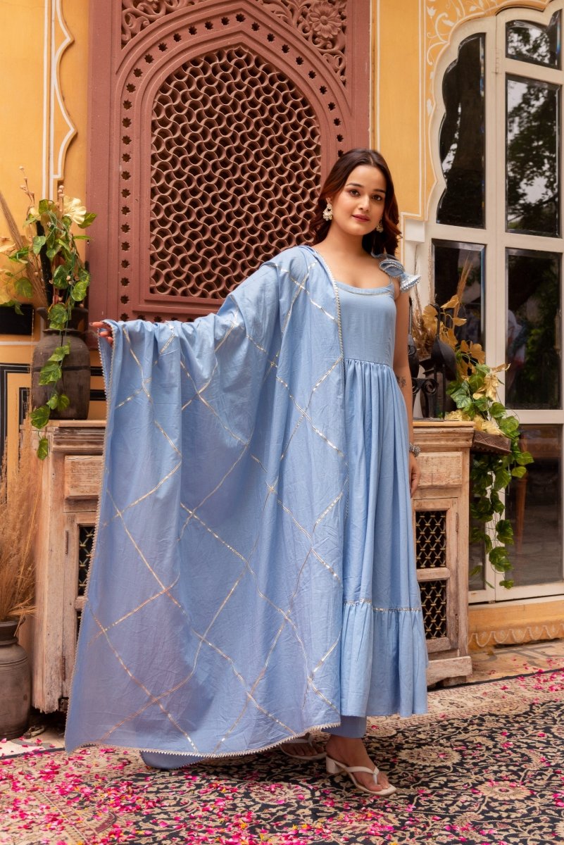 SUHNARI POWDER BLUE COTTON TIERED ANARKALI SET WITH COTTON GOTA PATTI DUPATTA - Pomcha Jaipur