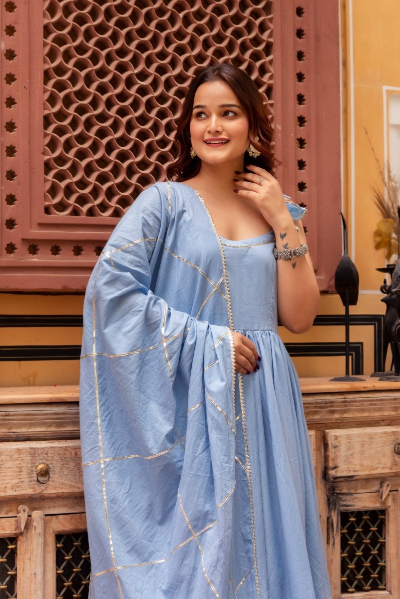 SUHNARI POWDER BLUE COTTON TIERED ANARKALI SET WITH COTTON GOTA PATTI DUPATTA - Pomcha Jaipur