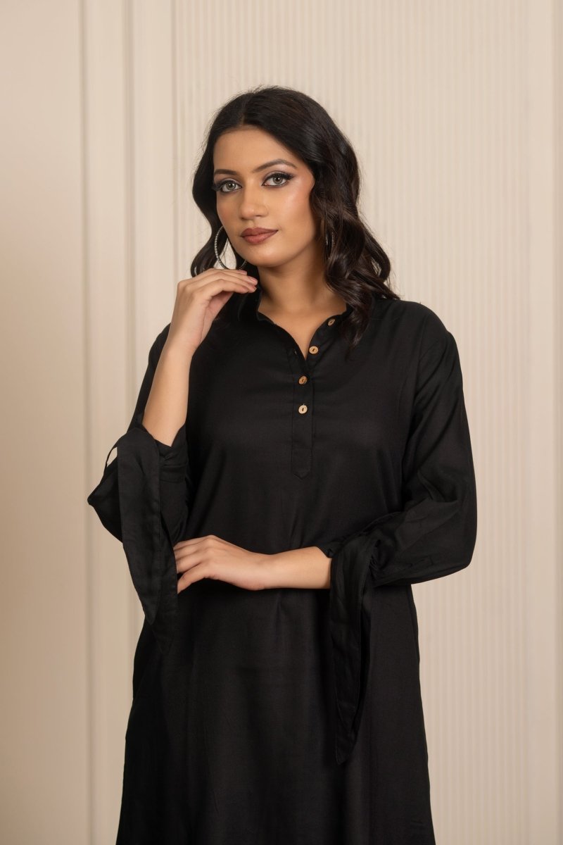 SUKOON BLACK RAYON SHIRT STYLE DRESS - Pomcha Jaipur