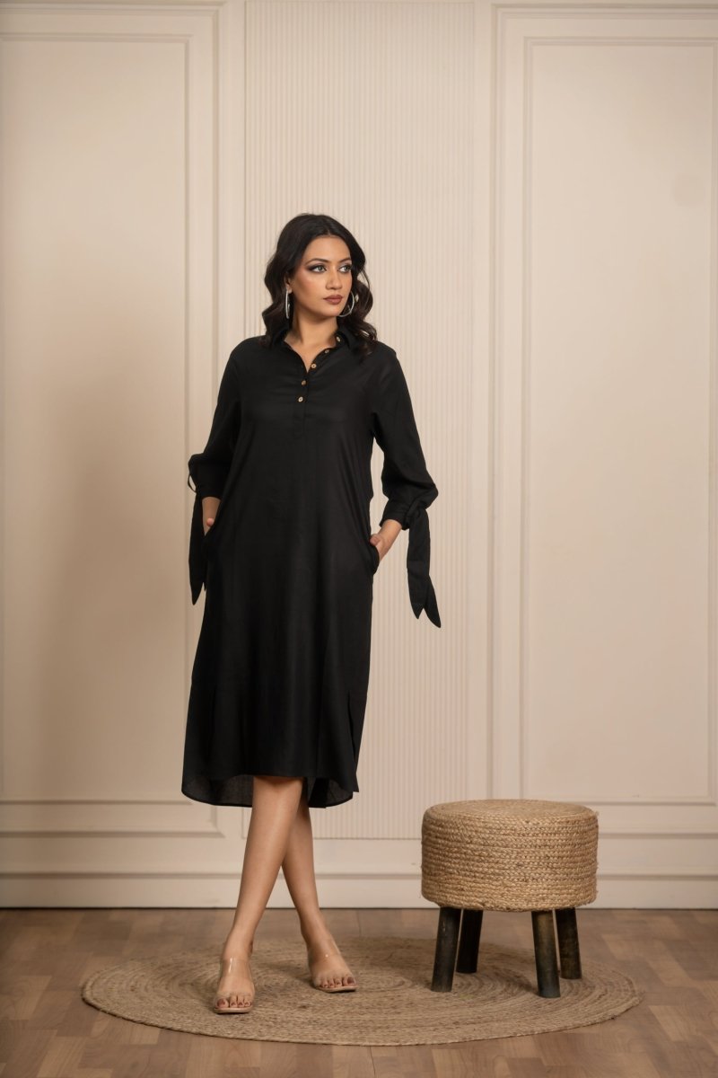 SUKOON BLACK RAYON SHIRT STYLE DRESS - Pomcha Jaipur