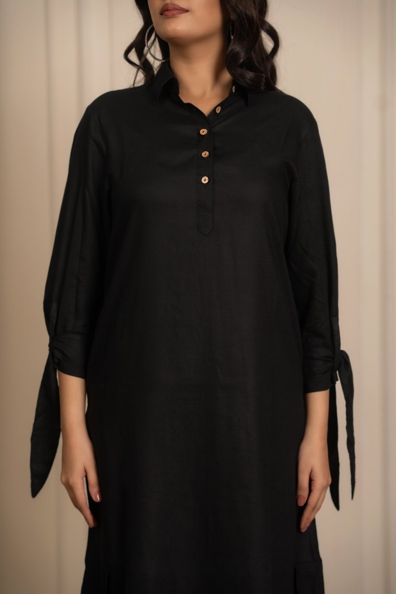 SUKOON BLACK RAYON SHIRT STYLE DRESS - Pomcha Jaipur