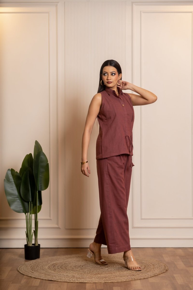 SUKOON BROWN COTTON SLUB CO-ORD SET - Pomcha Jaipur