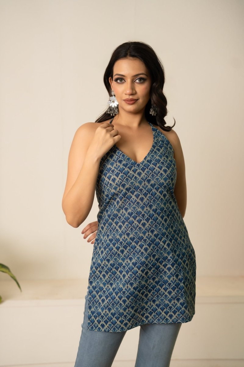 SUKOON CHIC INDIGO BLUE SLEEVELESS COTTON HAND BLOCK TUNIC TOP - Pomcha Jaipur