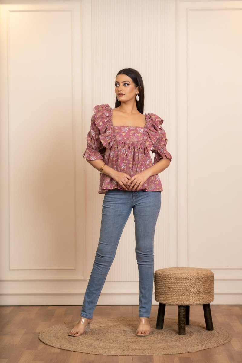 SUKOON COTTON DUSKY ROSE RUFFLE TOP - Pomcha Jaipur