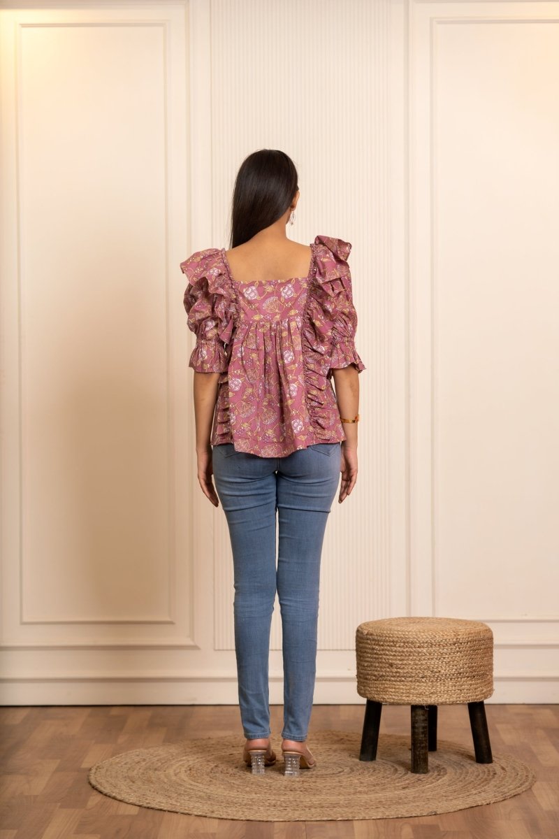 SUKOON COTTON DUSKY ROSE RUFFLE TOP - Pomcha Jaipur