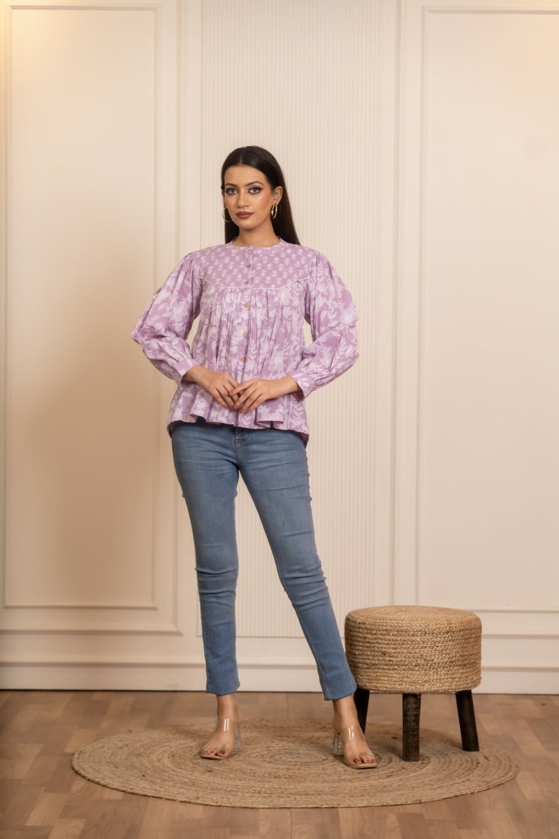 SUKOON COTTON LILAC FLORAL FLOWY TOP - Pomcha Jaipur