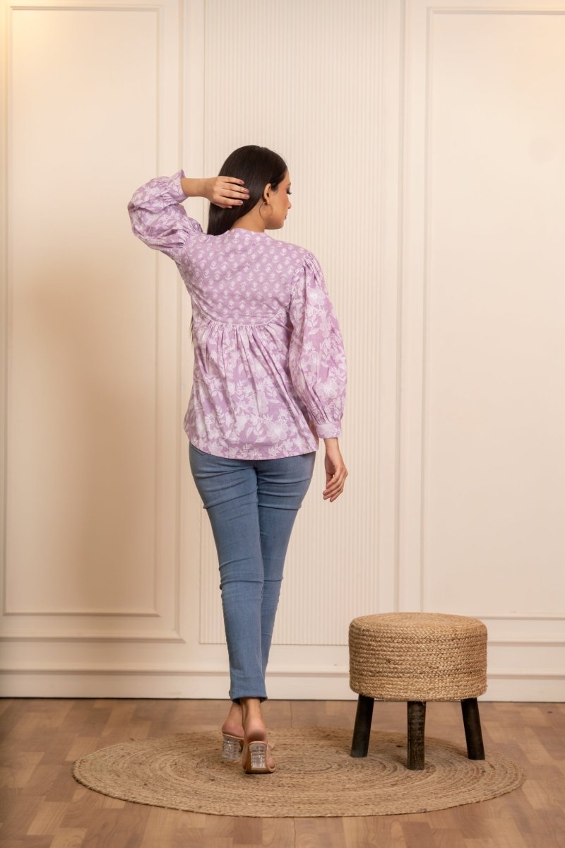 SUKOON COTTON LILAC FLORAL FLOWY TOP - Pomcha Jaipur