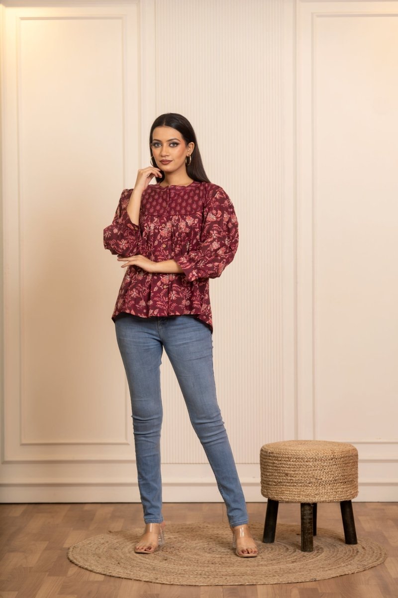 SUKOON COTTON WINE FLORAL TUNIC TOP - Pomcha Jaipur