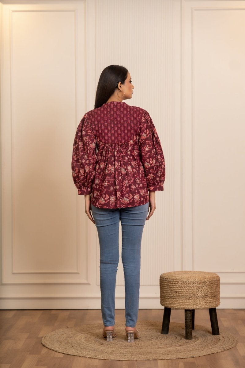 SUKOON COTTON WINE FLORAL TUNIC TOP - Pomcha Jaipur