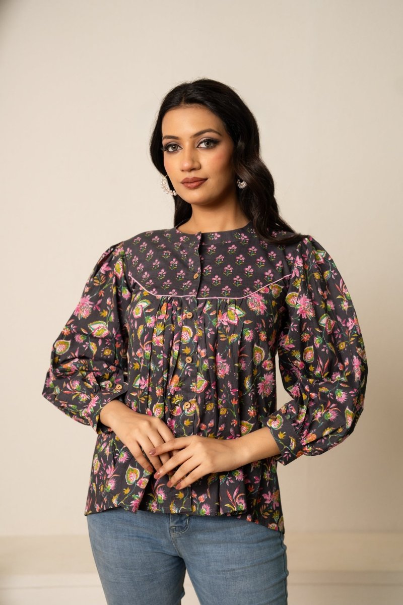 SUKOON DARK GREY FLORAL BOHO COTTON HAND BLOCK TUNIC TOP - Pomcha Jaipur