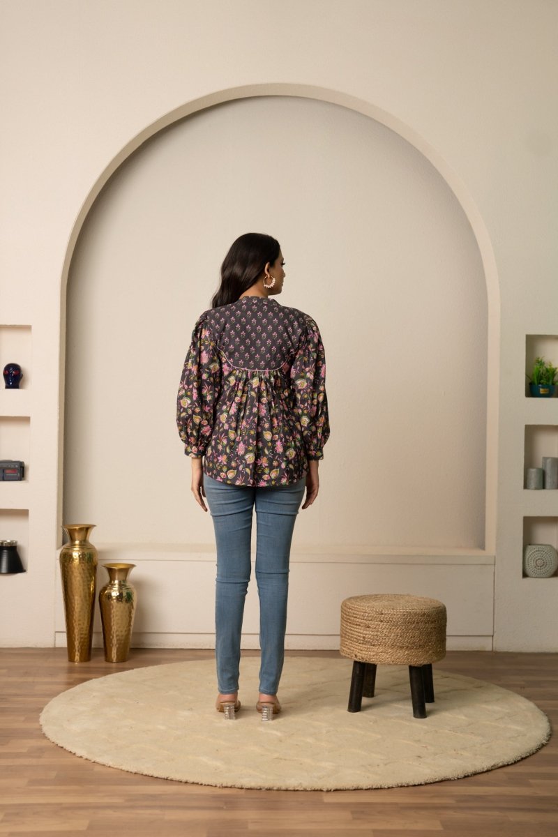SUKOON DARK GREY FLORAL BOHO COTTON HAND BLOCK TUNIC TOP - Pomcha Jaipur