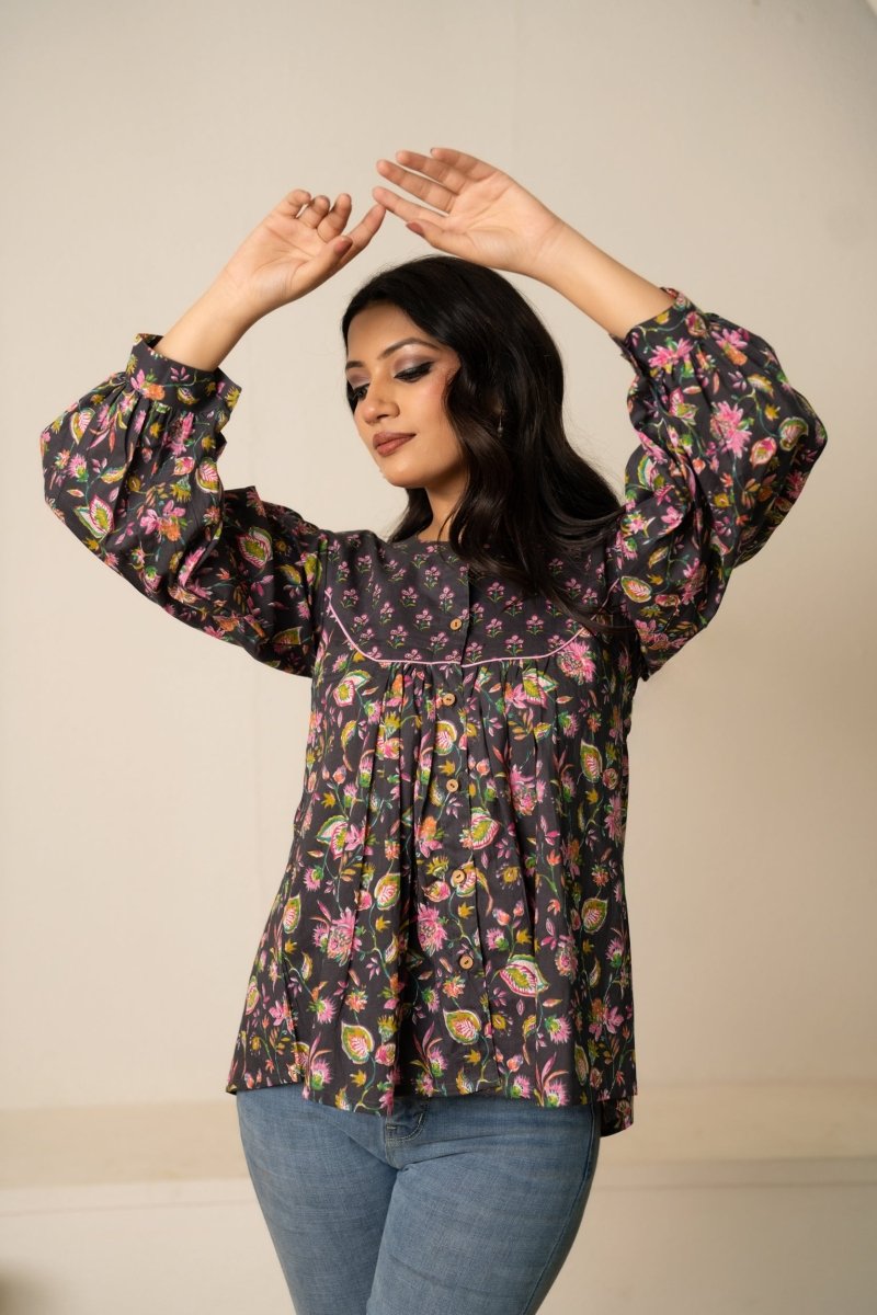 SUKOON DARK GREY FLORAL BOHO COTTON HAND BLOCK TUNIC TOP - Pomcha Jaipur