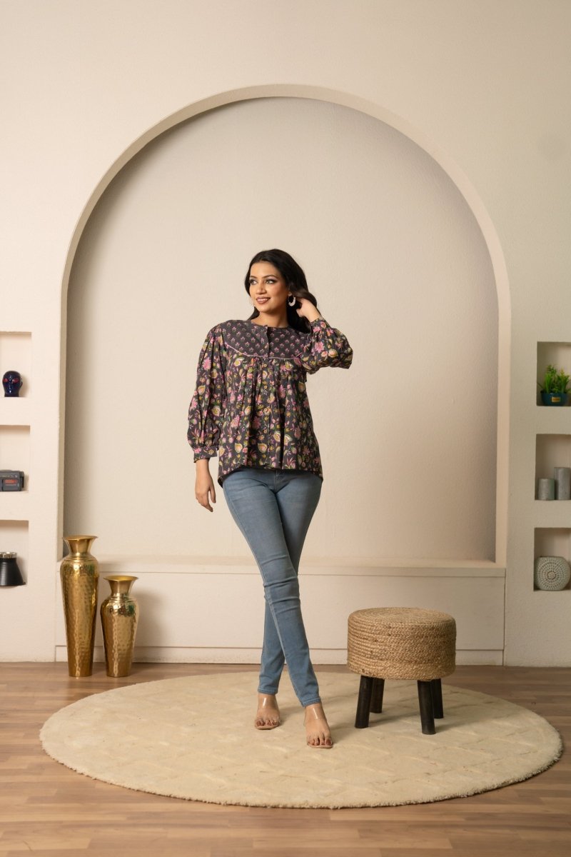 SUKOON DARK GREY FLORAL BOHO COTTON HAND BLOCK TUNIC TOP - Pomcha Jaipur