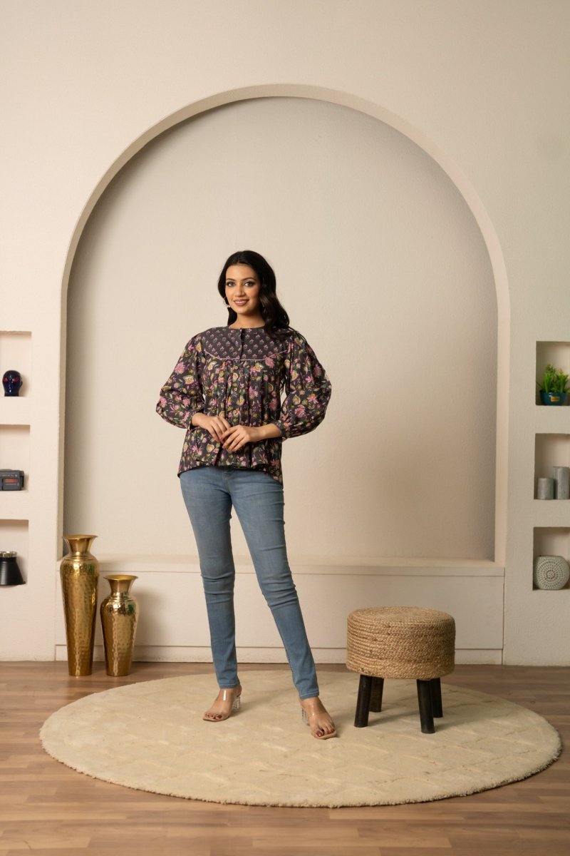 SUKOON DARK GREY FLORAL BOHO COTTON HAND BLOCK TUNIC TOP - Pomcha Jaipur