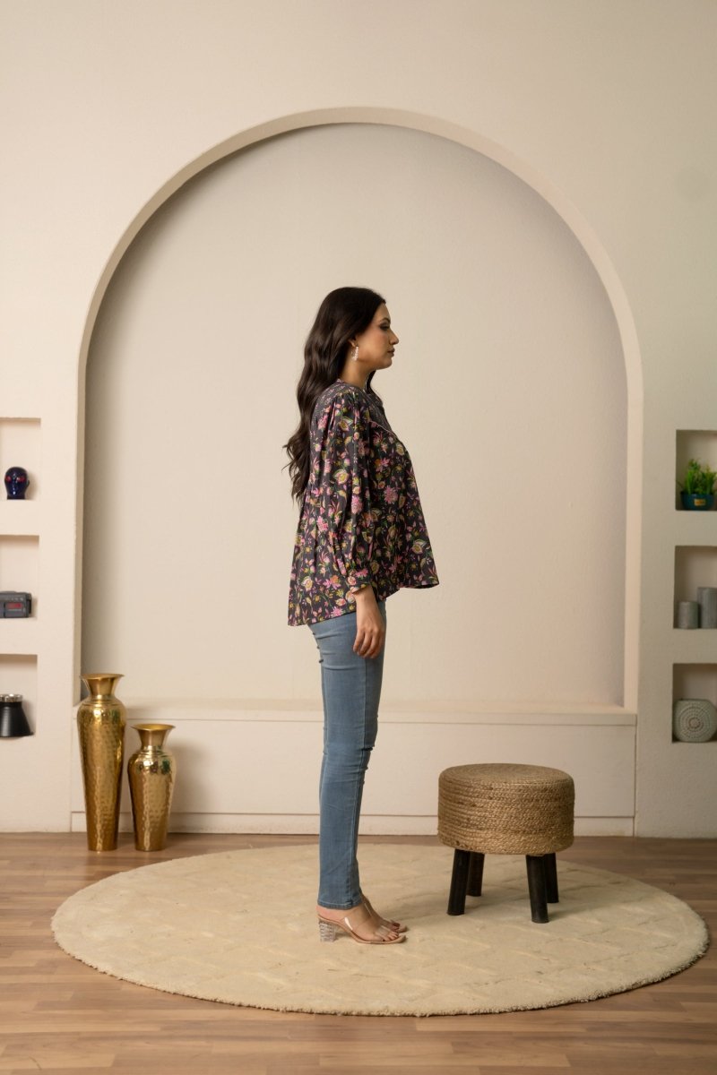 SUKOON DARK GREY FLORAL BOHO COTTON HAND BLOCK TUNIC TOP - Pomcha Jaipur