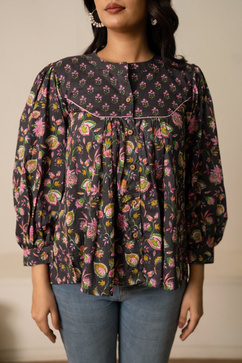 SUKOON DARK GREY FLORAL BOHO COTTON HAND BLOCK TUNIC TOP - Pomcha Jaipur