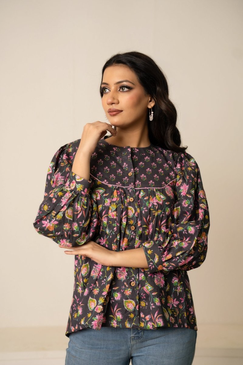 SUKOON DARK GREY FLORAL BOHO COTTON HAND BLOCK TUNIC TOP - Pomcha Jaipur