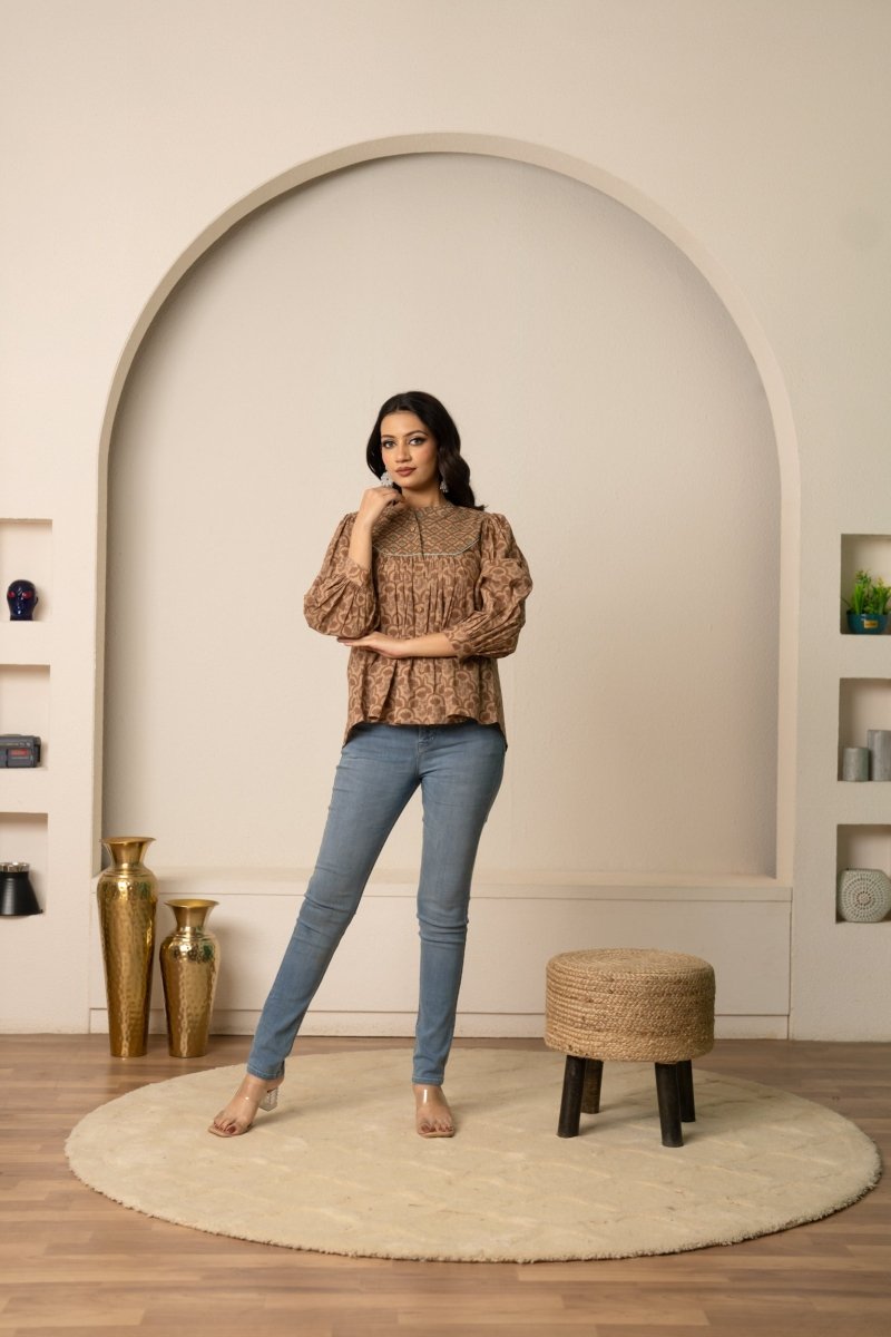 SUKOON EARTH TONE BUTTON-UP HAND BLOCK COTTON TOP - Pomcha Jaipur