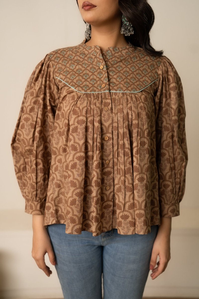 SUKOON EARTH TONE BUTTON-UP HAND BLOCK COTTON TOP - Pomcha Jaipur
