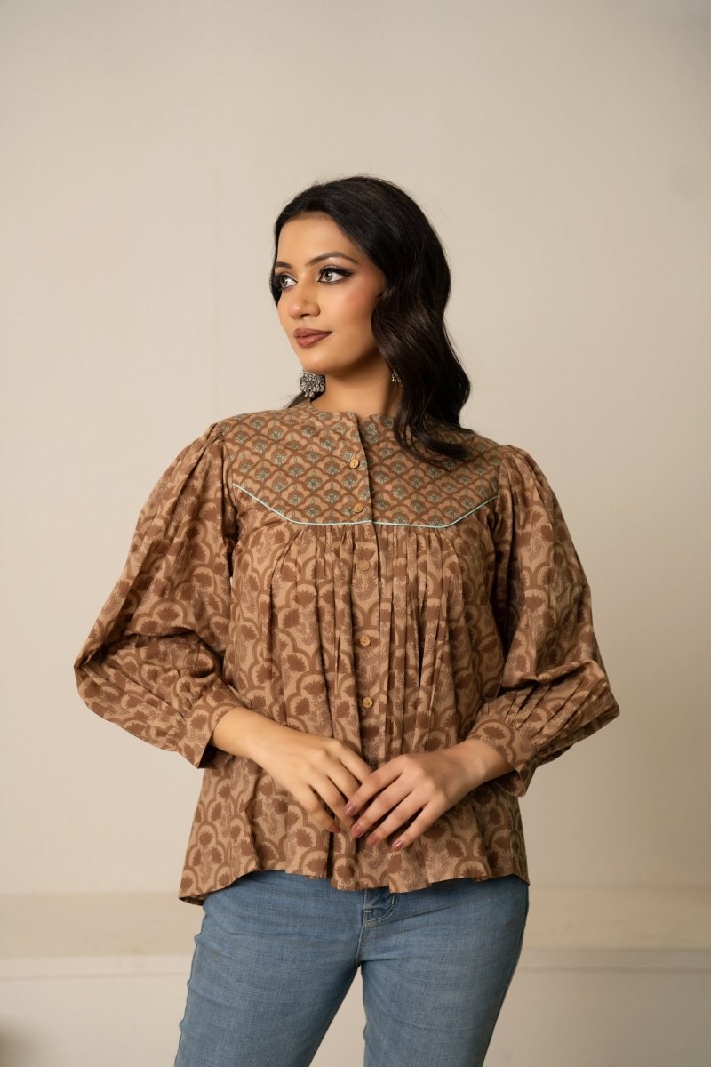 SUKOON EARTH TONE BUTTON-UP HAND BLOCK COTTON TOP - Pomcha Jaipur