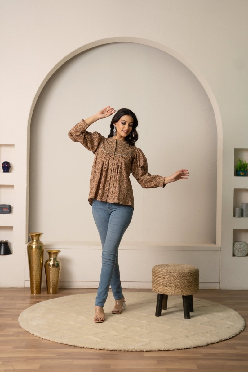 SUKOON EARTH TONE BUTTON-UP HAND BLOCK COTTON TOP - Pomcha Jaipur