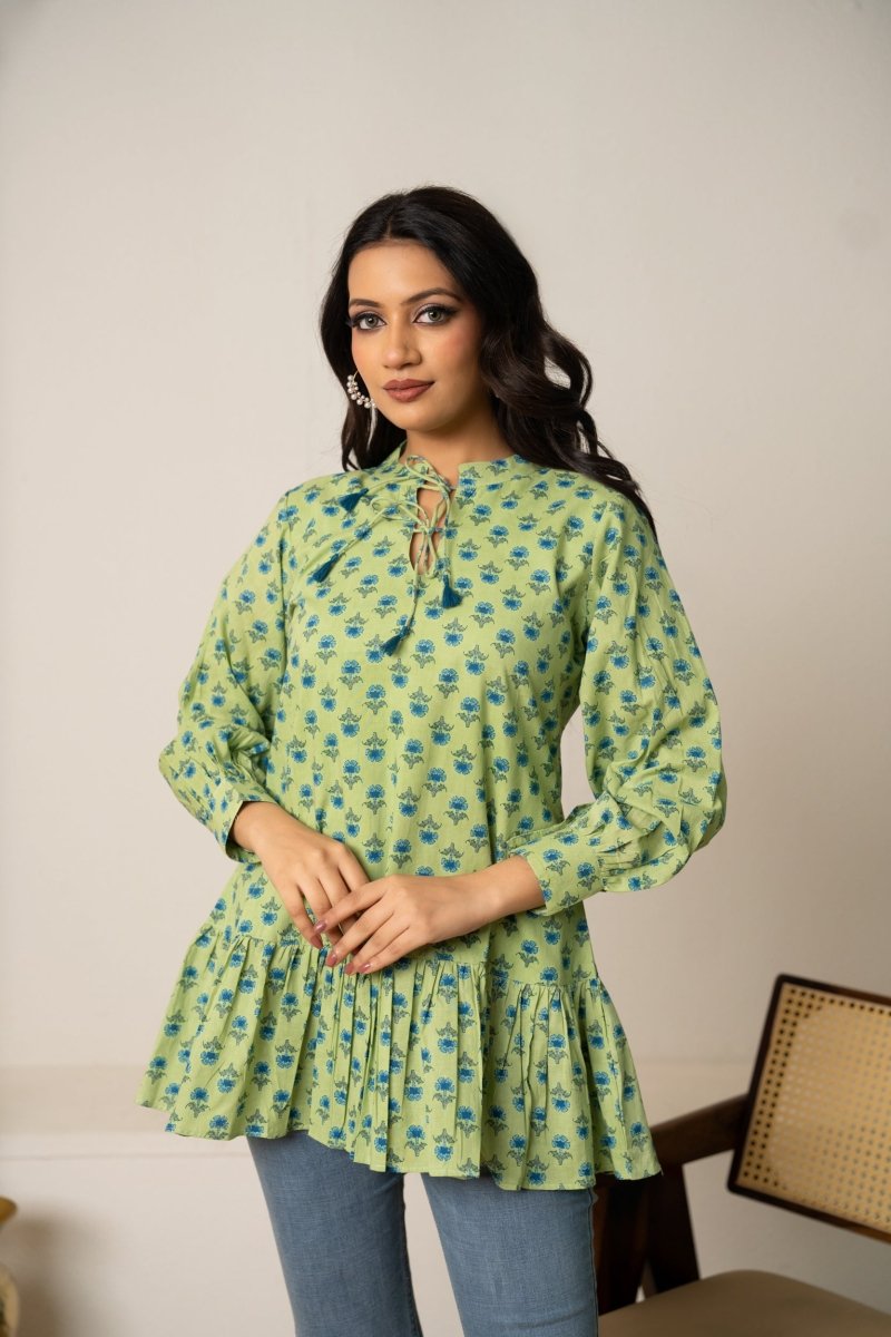 SUKOON GREEN BOHO FLORAL TIE-FRONT COTTON HAND BLOCK TUNIC - Pomcha Jaipur