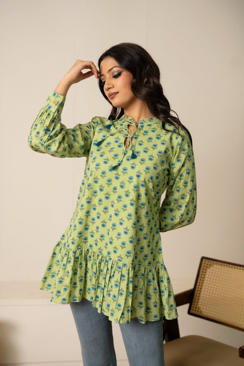 SUKOON GREEN BOHO FLORAL TIE-FRONT COTTON HAND BLOCK TUNIC - Pomcha Jaipur