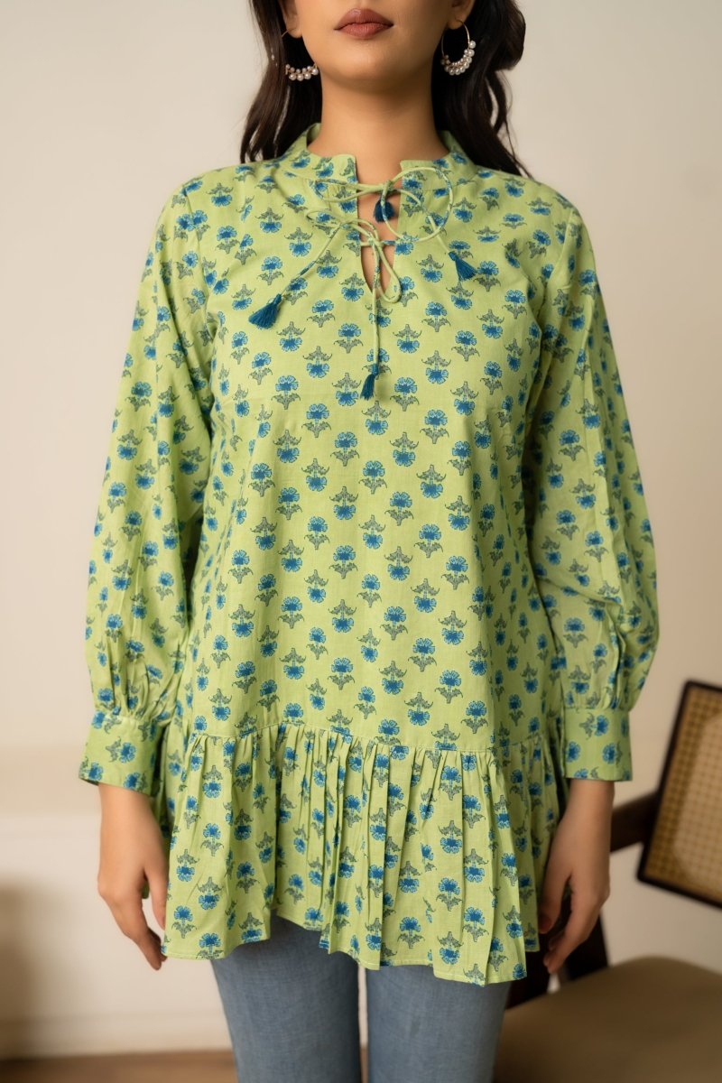 SUKOON GREEN BOHO FLORAL TIE-FRONT COTTON HAND BLOCK TUNIC - Pomcha Jaipur