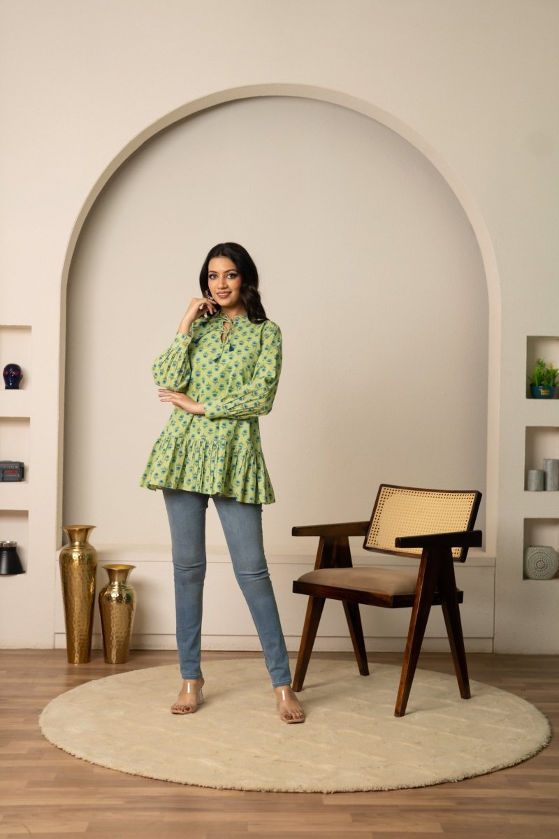 SUKOON GREEN BOHO FLORAL TIE-FRONT COTTON HAND BLOCK TUNIC - Pomcha Jaipur