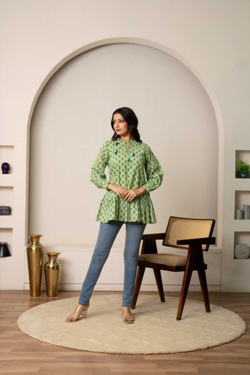 SUKOON GREEN BOHO FLORAL TIE-FRONT COTTON HAND BLOCK TUNIC - Pomcha Jaipur