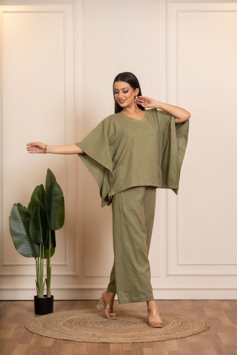 SUKOON GREEN COTTON SLUB KAFTAN STYLE CO_ORD SETS - Pomcha Jaipur