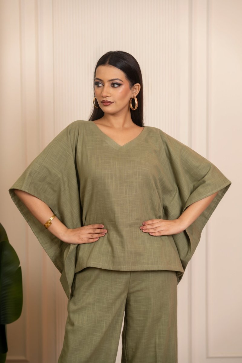 SUKOON GREEN COTTON SLUB KAFTAN STYLE CO_ORD SETS - Pomcha Jaipur