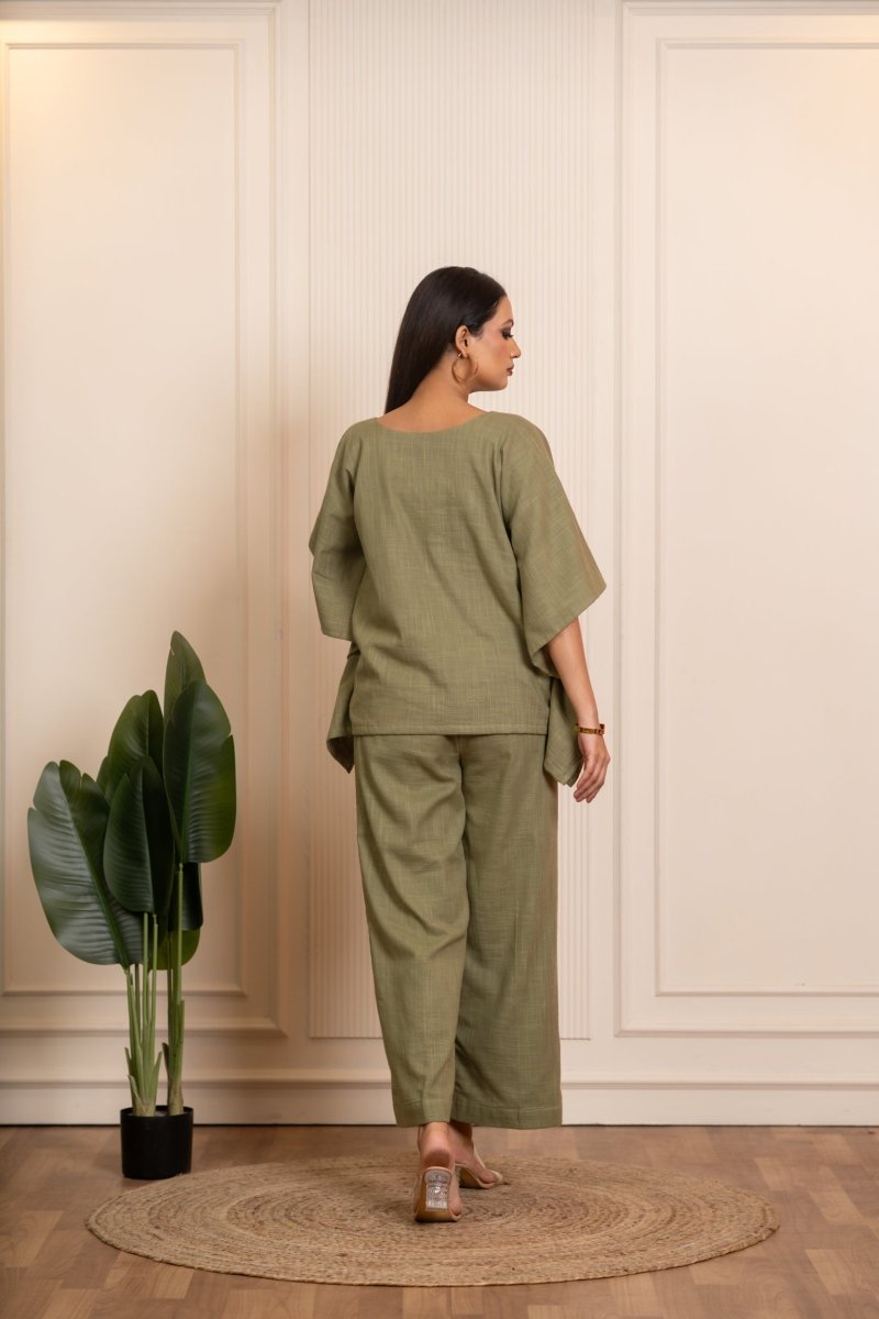 SUKOON GREEN COTTON SLUB KAFTAN STYLE CO_ORD SETS - Pomcha Jaipur