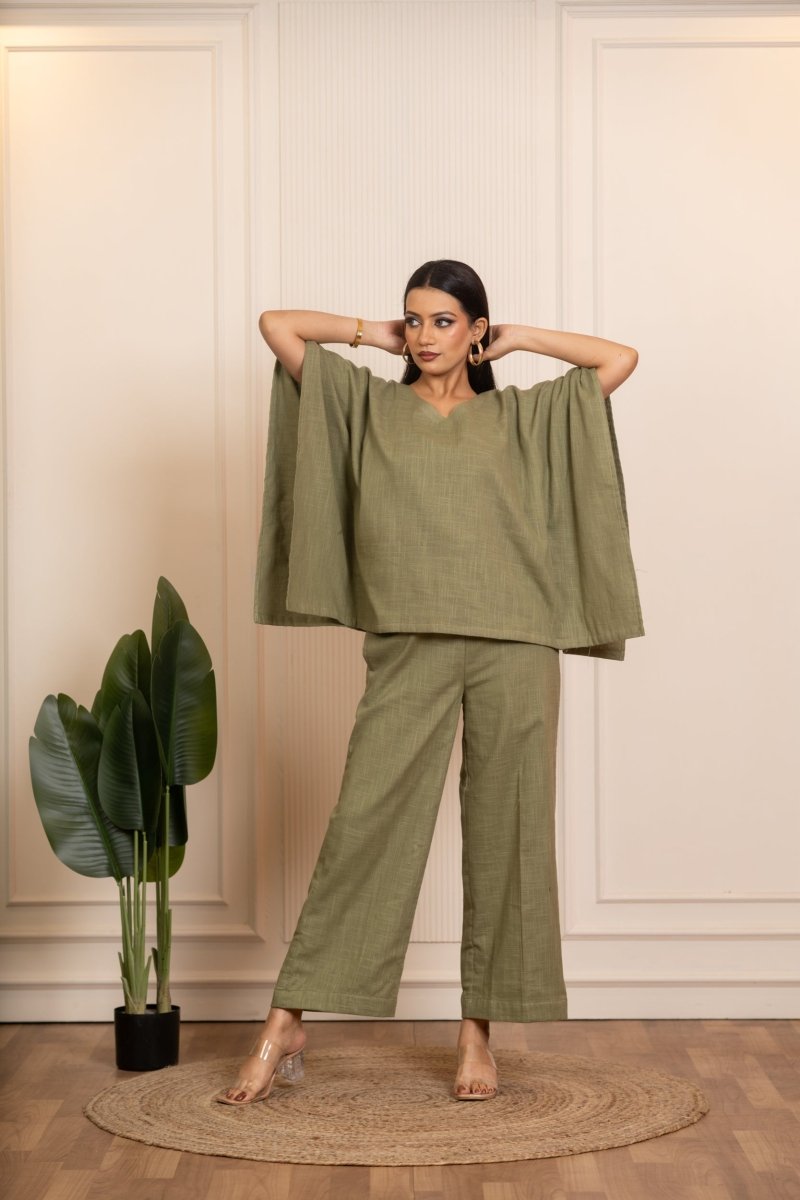 SUKOON GREEN COTTON SLUB KAFTAN STYLE CO_ORD SETS - Pomcha Jaipur