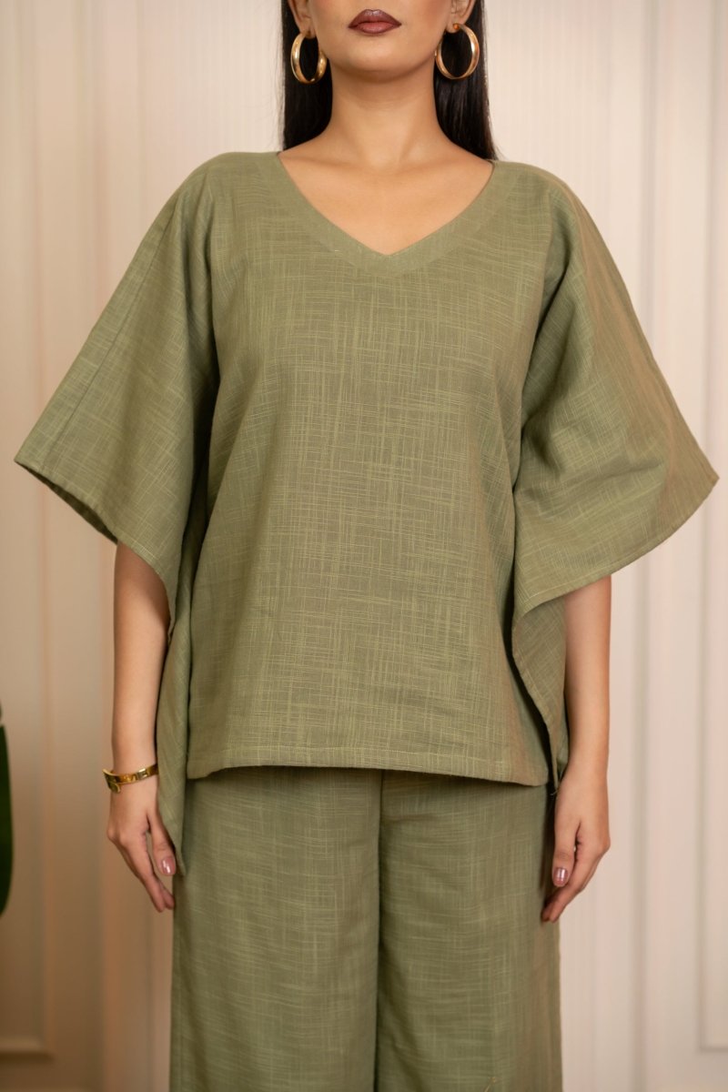 SUKOON GREEN COTTON SLUB KAFTAN STYLE CO_ORD SETS - Pomcha Jaipur