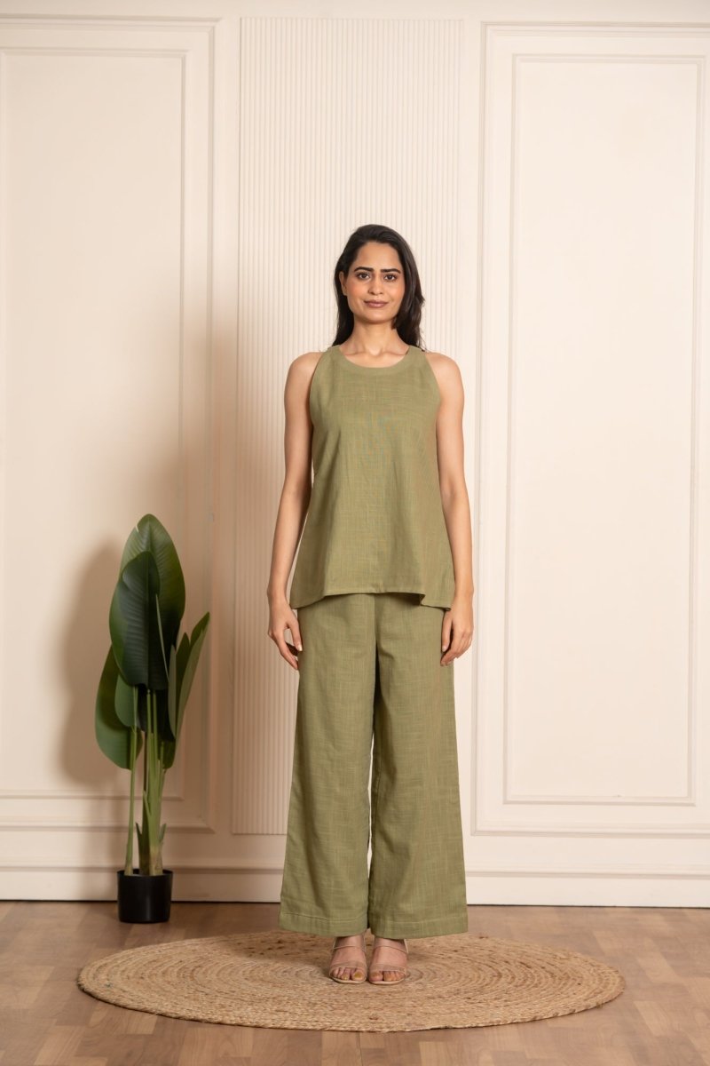 SUKOON LEAF GREEN COTTON SLUB CO-ORD SETS - Pomcha Jaipur