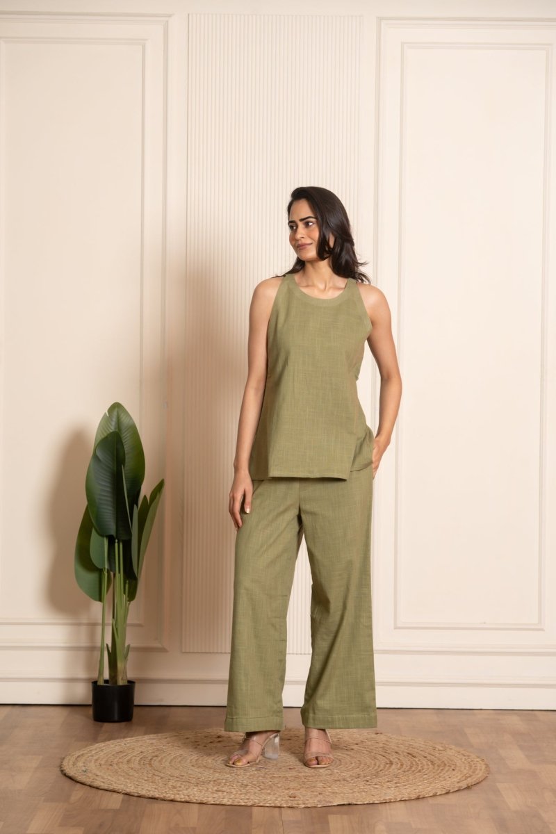 SUKOON LEAF GREEN COTTON SLUB CO-ORD SETS - Pomcha Jaipur