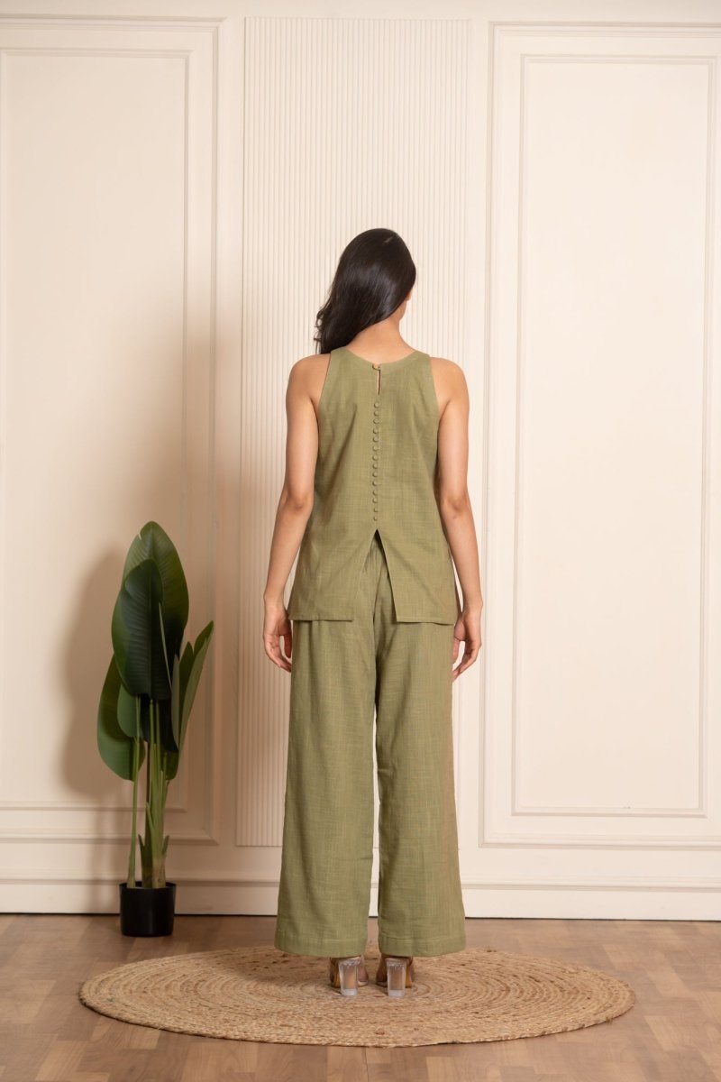 SUKOON LEAF GREEN COTTON SLUB CO-ORD SETS - Pomcha Jaipur