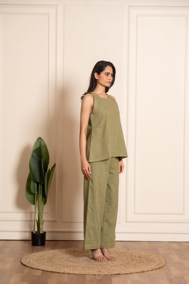 SUKOON LEAF GREEN COTTON SLUB CO-ORD SETS - Pomcha Jaipur
