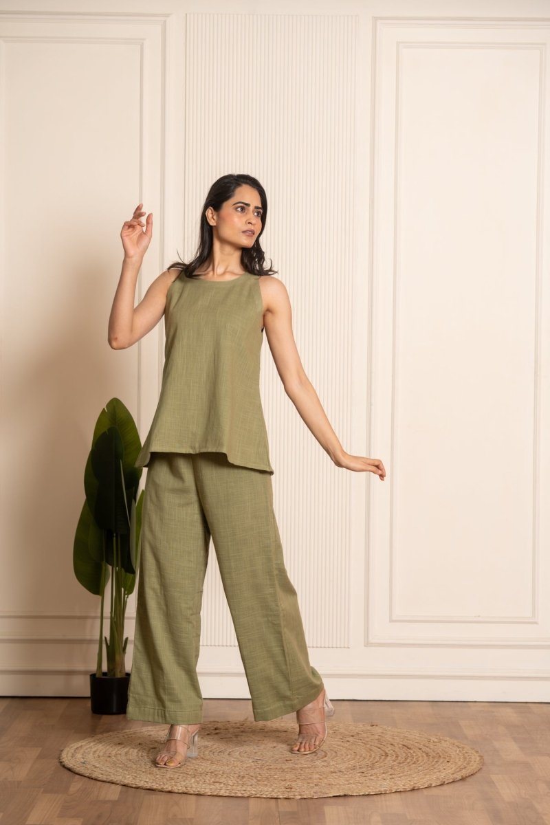 SUKOON LEAF GREEN COTTON SLUB CO-ORD SETS - Pomcha Jaipur