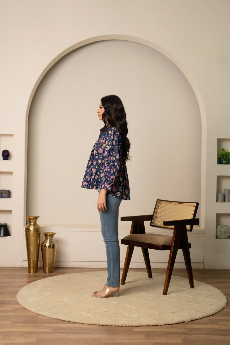 SUKOON NAVY BLUE BLOOM COTTON HAND BLOCK TOP - Pomcha Jaipur