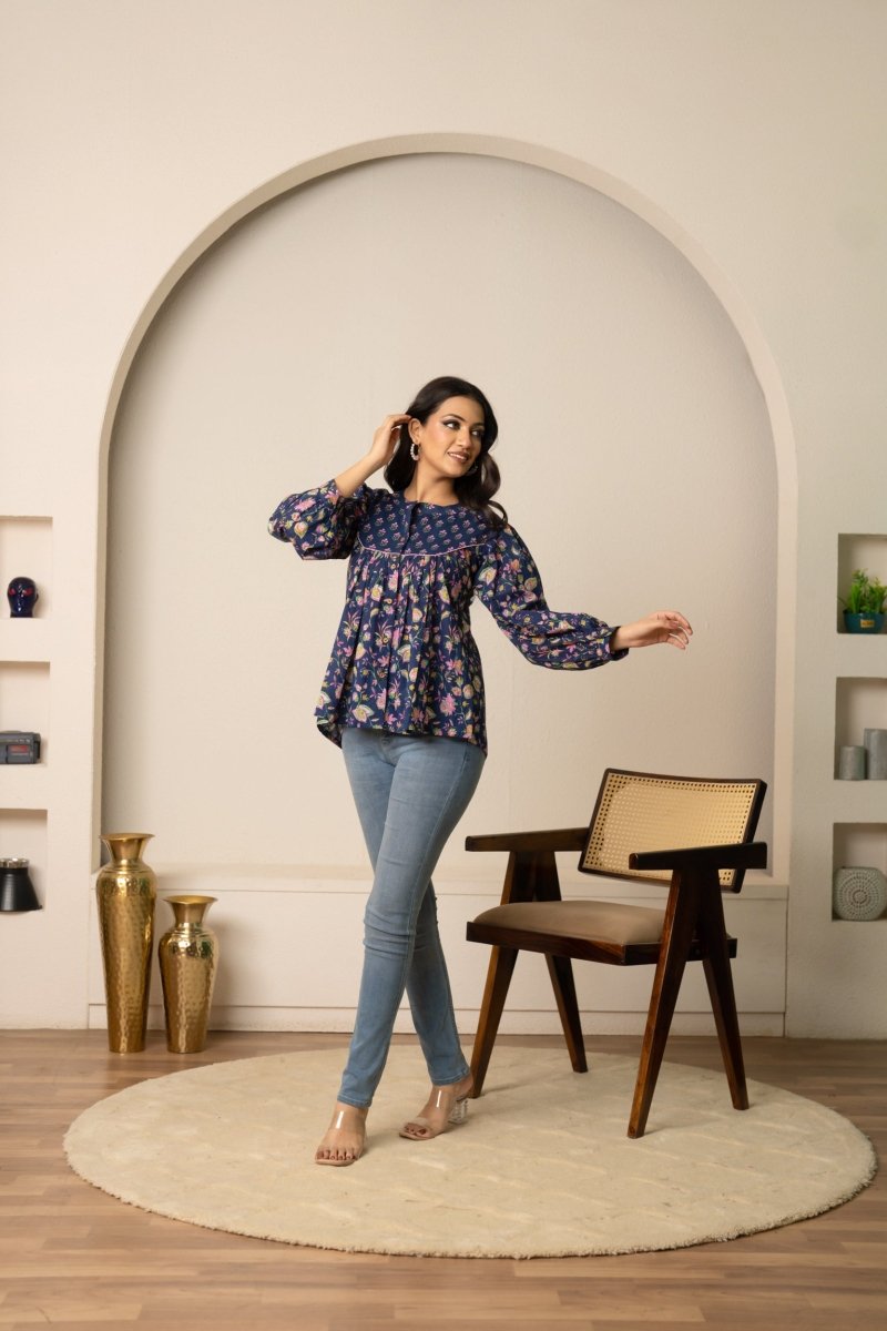SUKOON NAVY BLUE BLOOM COTTON HAND BLOCK TOP - Pomcha Jaipur